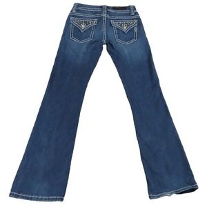 Vigoss Vigo Bootcut Jeans Women 26Wx30L Blue Denim Rhinestone Embellished Flap